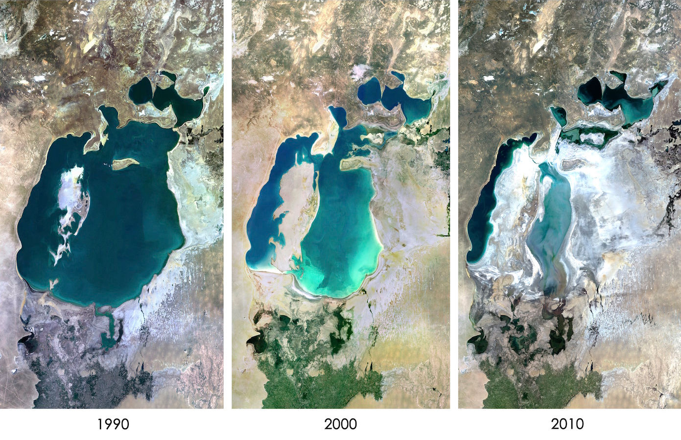 Three overhead satellite images showing continual shrinkage of the Aral Sea in 1990, 2000 and 2010.