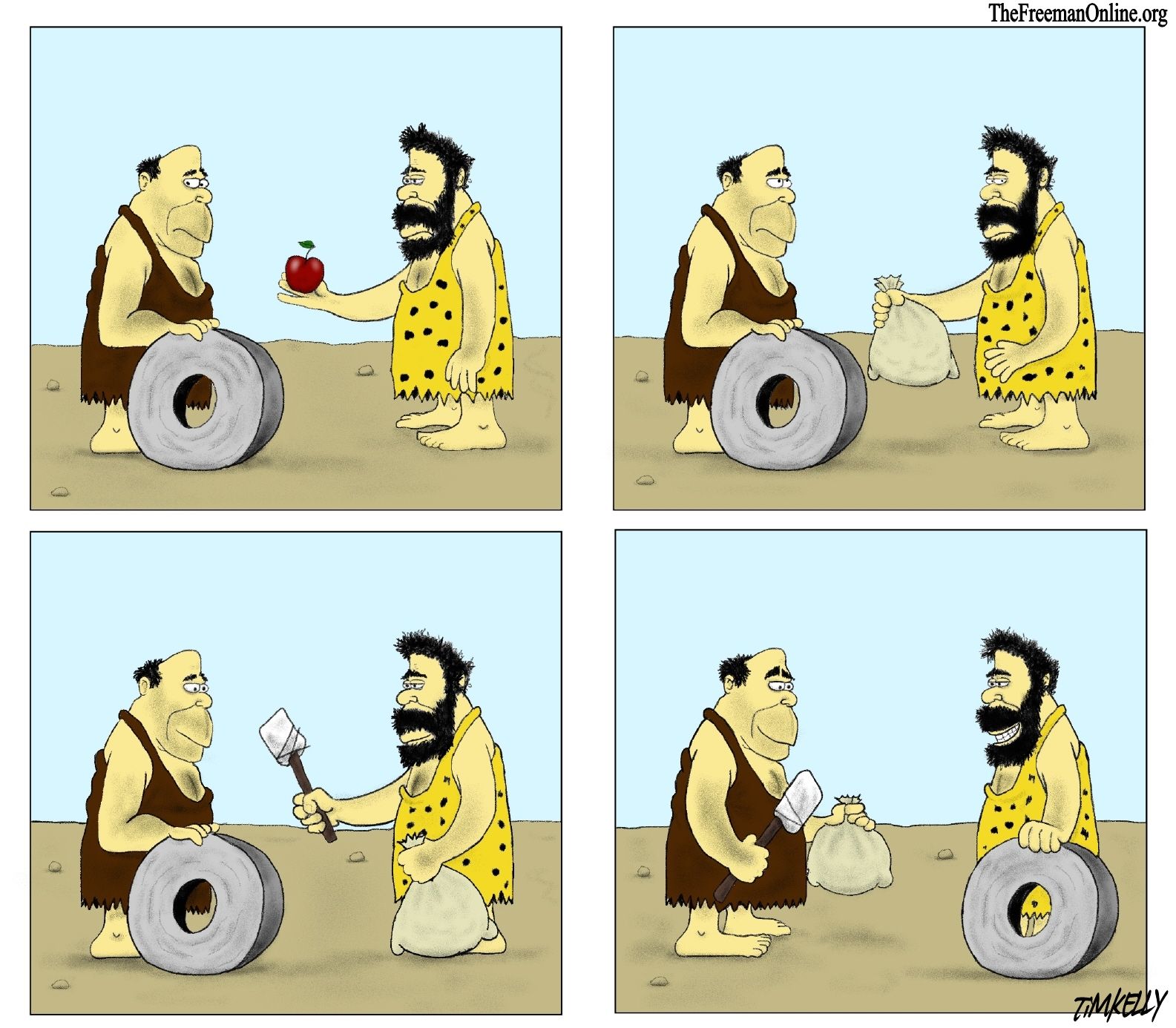 Cartoon of two cavemen negotiating a transaction. One caveman has a wheel. The other offers him an apple in exchange, then a full sack. Only when he offers a flint tool as well does the wheel owner agree to trade.